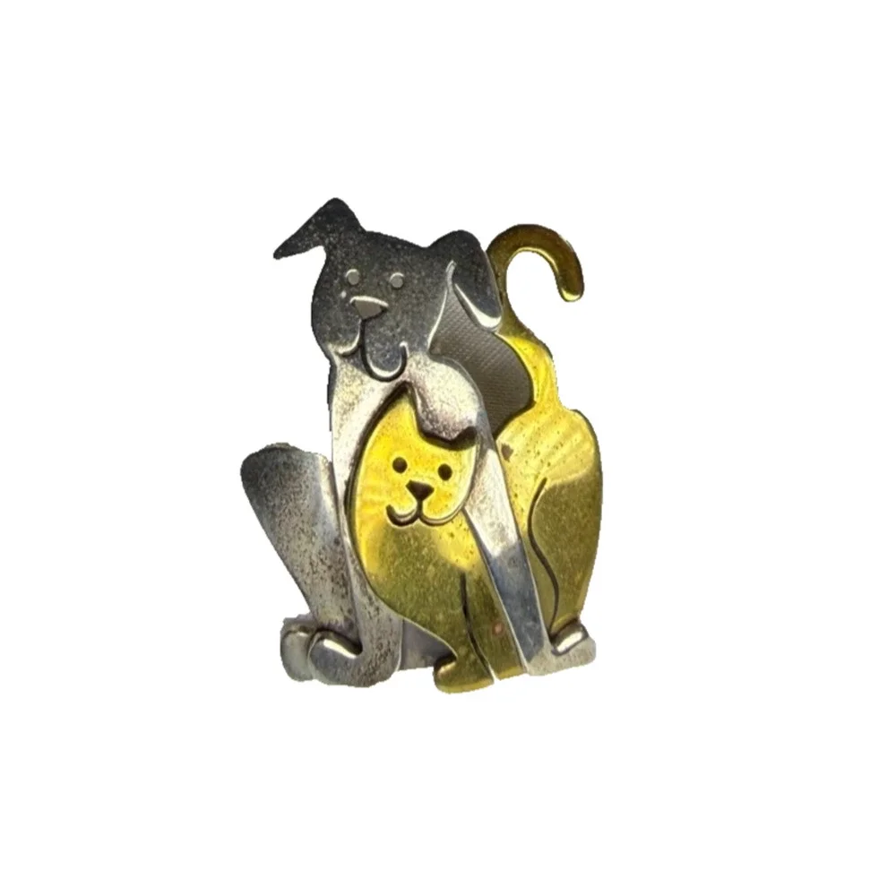Vintage Far Fetched Cat and Dog Stick Pin Mixed Metal Brass Silver Tone Artisan